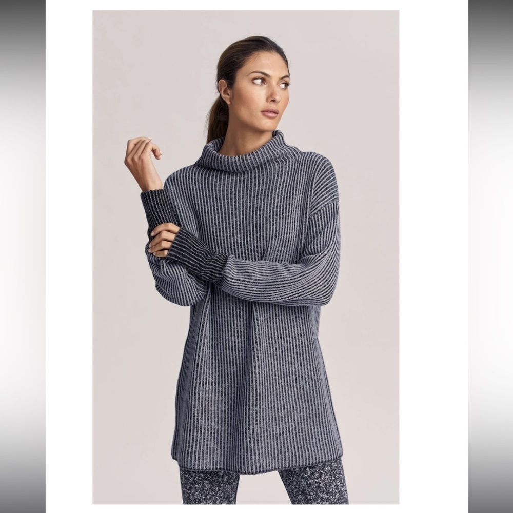 Varley Collins Tunic Sweater Merino Wool Blend Ribbed Knit Mockneck gray medium